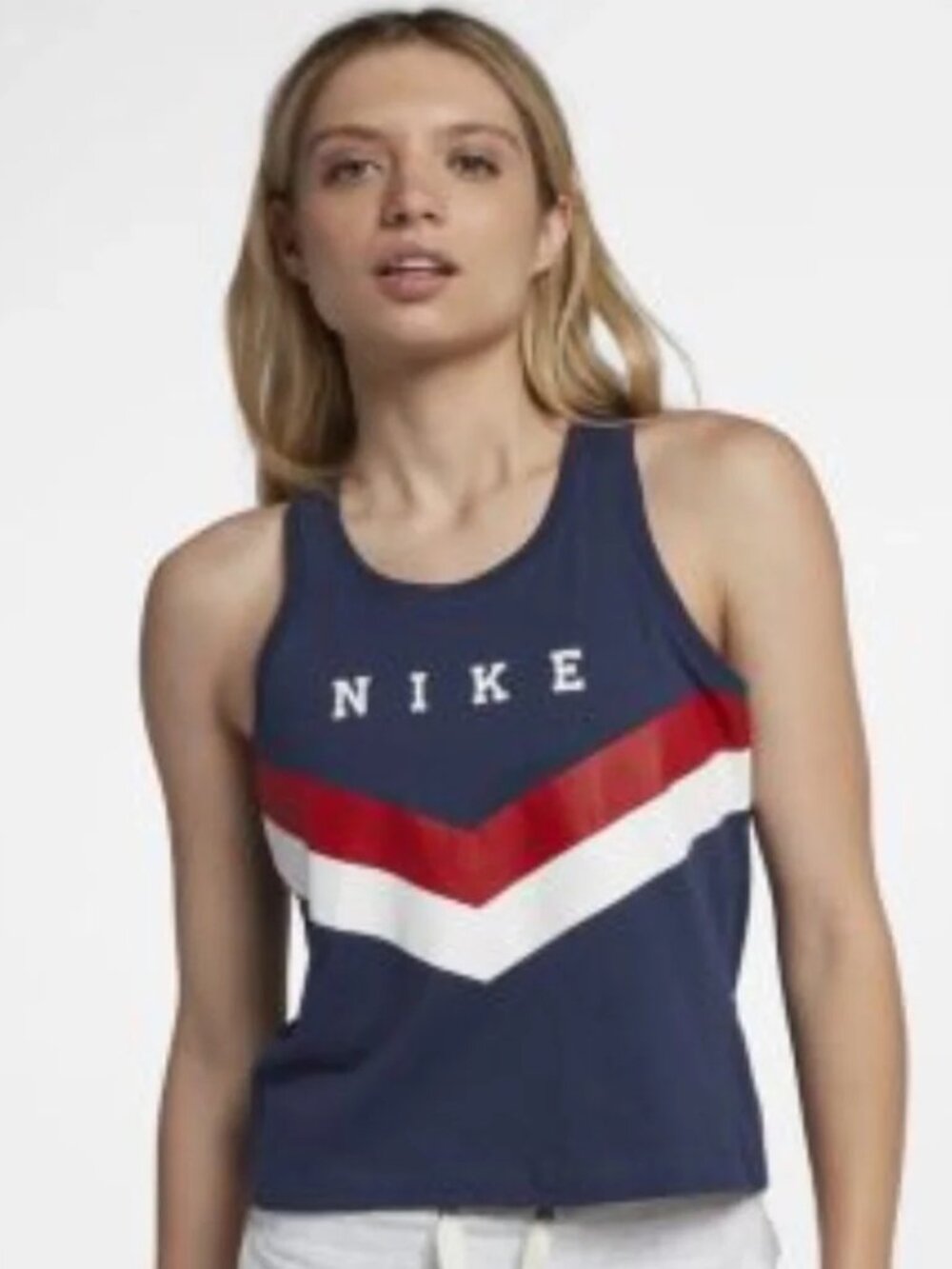 Nike Crop Racerback Tank Top - Navy Blue with Red and White Chevron Stripe